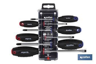Set of 3 slotted screwdrivers and 3 Phillips screwdrivers | Confort Plus Model | With a special case with hanger - Cofan