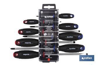 Juego de 4 destornilladores planos y 4 destornilladores Phillips | Modelo Comfort plus | En estuche especial con colgador - Cofan