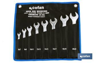 Set of polished open-ended spanners | Available sizes from 6 to 32m | Includes 12 pieces - Cofan