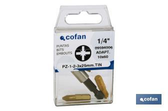 Kit de puntas de atornillar de Titanio y adaptador |Contenido 3 puntas Pozi drive y un adaptador | Modelo 1/4" PZ - Cofan