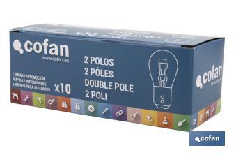 Lâmpada de 2 pólos de 12 V | Pino desencontrado | Base tipo BAW15d | Lâmpada P21/5W | Cor vermelho - Cofan