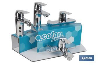 Kit of bathroom fittings with display rack for Rift Model mixer taps | Ideal for displaying taps | Suitable for 5 pieces - Cofan
