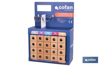 Expositor de gafas de seguridad | 20 gafas graduadas con diferentes dioptrías | Incluye 5 modelos | Medidas: 15 x 33 x 47 cm - Cofan
