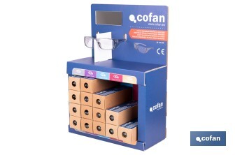 Expositor de gafas de seguridad | 20 gafas graduadas con diferentes dioptrías | Incluye 5 modelos | Medidas: 15 x 33 x 47 cm - Cofan