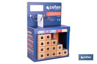 Expositor de gafas de seguridad | 20 gafas graduadas con diferentes dioptrías | Incluye 5 modelos | Medidas: 15 x 33 x 47 cm - Cofan