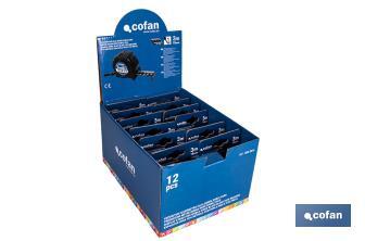 Expositor para flexómetros con hoja de nylon negra y doble cara de Cofan | Incluyen los flexómetros | Varias medidas y capacidades - Cofan