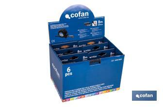 Expositor para flexómetros con hoja de nylon negra y doble cara de Cofan | Incluyen los flexómetros | Varias medidas y capacidades - Cofan