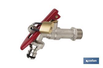 Water tap lock with lever | 1/2" inlet and 3/4" outlet | Suitable for garden hose | PN: 25 bar - Cofan