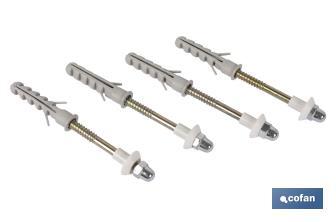 Set 4 piezas fijación para sanitarios y WC | Medida  Ø 6 x 80 mm de largo | Acabado en acero - Cofan