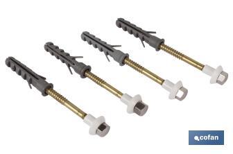 Set 4 piezas fijación para sanitarios y WC | Medida  Ø 6 x 80 mm de largo | Acabado en latón - Cofan