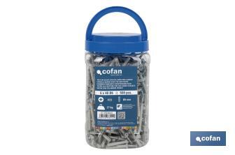 Pack de 500 buchas com cabeça rebaixada | Medidas: Ø6 mm X 40 mm - Cofan