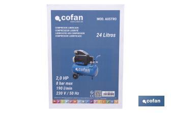 Compresor de aire de pistón coaxial | Motor de 2 HP | Compresor monofásico 230 V | Presión máxima: 8 bares | Depósito de 24 litros | Medidas: 61 x 31 x 58 cm - Cofan