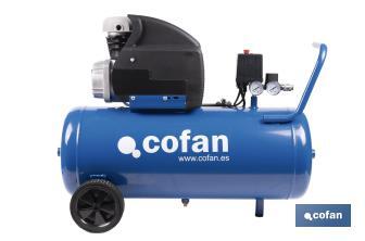 Compresor de aire de pistón coaxial | Motor de 2 HP | Compresor monofásico 230 V | Presión máxima: 8 bares | Depósito de 50 litros | Medidas: 77 x 43 x 66 cm - Cofan
