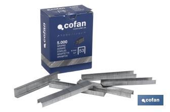 Caja de grapas 5.000 Uds. nº 53 11.5 x Ø 0.60 x 0.75 mm | Con longitudes 6, 8, 10, 12 y 14 mm | Diseñadas para grapado manual - Cofan