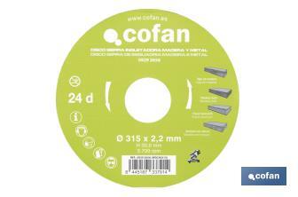 Lame de scie à onglets | Disque de coupe pour bois et métal | Différentes dents : 24, 28 et 32 | Plusieurs dimensions - Cofan