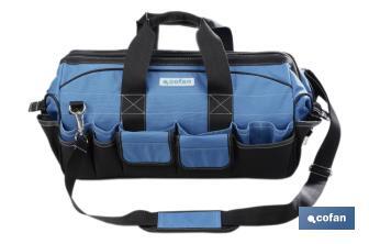 Tool bag with zip fastening and adjustable shoulder strap | 28 external pockets and 14 multipurpose pockets  - Cofan