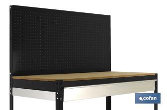 Workbench | With perforated tool panel and 2 wooden shelf boards and 1 drawer | Available in anthracite | Size: 1,445 X 1,210 X 610MM - Cofan