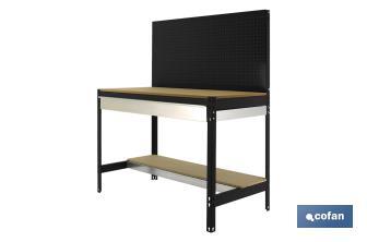 Workbench | With perforated tool panel and 2 wooden shelf boards and 1 drawer | Available in anthracite | Size: 1,445 X 1,210 X 610MM - Cofan