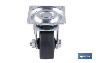 Rueda de goma gris con placa giratoria | Diámetros desde 30 mm hasta 40 mm | Para pesos desde 25 kg hasta 32 kg - Cofan