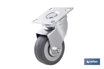 Rueda de goma gris con placa giratoria | Diámetros desde 50 mm hasta 75 mm | Para pesos máximos desde 36 kg hasta 45 kg - Cofan