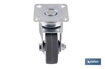 Rueda de goma gris con placa giratoria | Diámetros desde 50 mm hasta 75 mm | Para pesos máximos desde 36 kg hasta 45 kg - Cofan