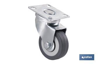 Rueda de goma gris con placa giratoria | Diámetros desde 50 mm hasta 75 mm | Para pesos máximos desde 36 kg hasta 45 kg - Cofan