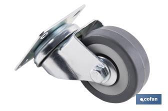 Rueda de goma gris con placa giratoria | Diámetros desde 50 mm hasta 75 mm | Para pesos máximos desde 36 kg hasta 45 kg - Cofan