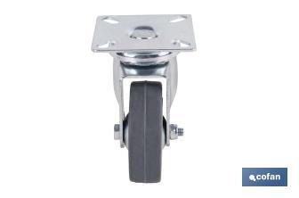 Rueda de goma gris con placa giratoria | Diámetros desde 50 mm hasta 75 mm | Para pesos máximos desde 36 kg hasta 45 kg - Cofan
