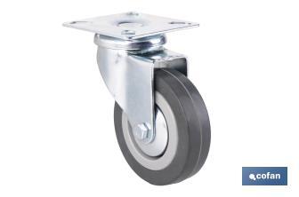 Rueda de goma gris con placa giratoria | Diámetros desde 50 mm hasta 75 mm | Para pesos máximos desde 36 kg hasta 45 kg - Cofan