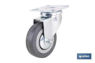 Rueda de goma gris con placa giratoria | Diámetros desde 50 mm hasta 75 mm | Para pesos máximos desde 36 kg hasta 45 kg - Cofan