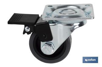 Roda de borracha cinza com placa giratória e travão | Diâmetros de 50 mm a 75 mm | Para pesos de 36 kg a 45 kg - Cofan