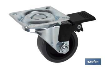 Roda de borracha cinza com placa giratória e travão | Diâmetros de 50 mm a 75 mm | Para pesos de 36 kg a 45 kg - Cofan