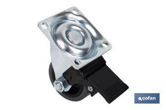 Roda de borracha cinza com placa giratória e travão | Diâmetros de 50 mm a 75 mm | Para pesos de 36 kg a 45 kg - Cofan