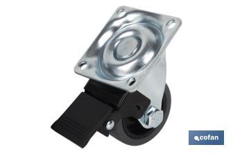 Roda de borracha cinza com placa giratória e travão | Diâmetros de 50 mm a 75 mm | Para pesos de 36 kg a 45 kg - Cofan