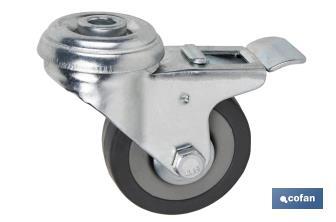 Rueda de goma gris para tornillo pasante y con freno | Diámetros desde 30mm hasta 75 mm | Para pesos desde 25 kg hasta 45 kg - Cofan