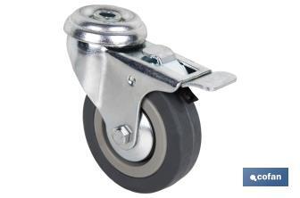 Roda de borracha cinza com travão de metal para parafuso passante | Diâmetros de 50 mm a 75 mm | Para pesos de 36 kg a 45 kg - Cofan