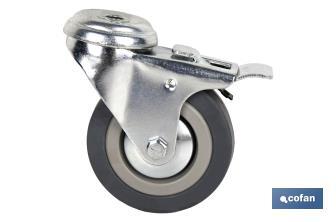 Rueda de goma gris para tornillo pasante y con freno | Diámetros desde 30mm hasta 75 mm | Para pesos desde 25 kg hasta 45 kg - Cofan