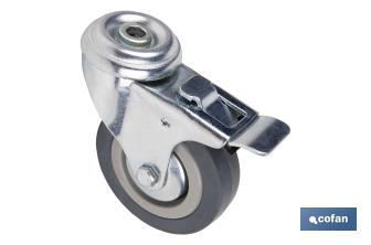 Grey rubber castor with single bolt hole and brake | Available diameters from 30mm to 75mm | For loads from 25kg to 45kg - Cofan