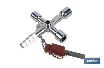 Llave de cabina multifuncional | Aleación de zinc cromada | Ideal para electrotécnica, fontanería | 10 perfiles | Longitud: 8,5 cm - Cofan