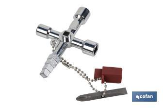 Llave de cabina multifuncional | Aleación de zinc cromada | Ideal para electrotécnica, fontanería | 10 perfiles | Longitud: 8,5 cm - Cofan