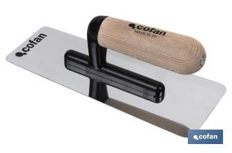 Llana de Acero Inoxidable pulido | Llana Anti quemaduras medidas 240 x 100 x 0,6 mm | Mango de Madera - Cofan