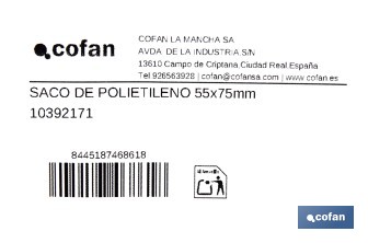 Saco de polietileno blanco impermeable | Galga 300 | Grosor: 75 micras | Medidas: 55 x 75 cm - Cofan