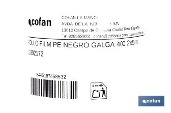Rollo de film negro | Material: polietileno | Galga 400 | Grosor: 100 micras | Protección de embalajes | Disponible en diferentes medidas - Cofan