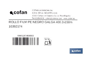 Rollo de film negro | Material: polietileno | Galga 400 | Grosor: 100 micras | Protección de embalajes | Disponible en diferentes medidas - Cofan