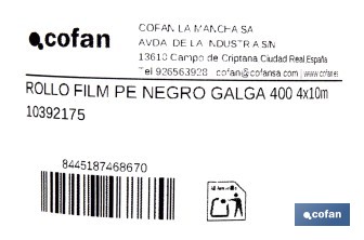 Rollo de film negro | Material: polietileno | Galga 400 | Grosor: 100 micras | Protección de embalajes | Disponible en diferentes medidas - Cofan