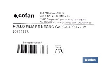 Rollo de film negro | Material: polietileno | Galga 400 | Grosor: 100 micras | Protección de embalajes | Disponible en diferentes medidas - Cofan