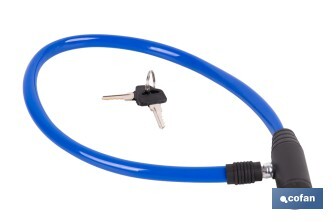Candado antirrobo para bicicletas | Cable de acero de Ø5 mm | Longitud: 50 cm | Incluye 2 llaves | Revestimiento de PVC azul - Cofan
