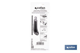 Cúter profesional de aluminio | Hoja negra SK2 | Sistema de bloqueo automático | Zona antideslizante | Disponible en 2 medidas - Cofan