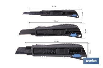 Cúter profesional de ABS | Con recubrimiento antideslizante TPR | Hoja negra ultra afilada SK2 | Bloqueo automático | Disponible en 3 medidas - Cofan