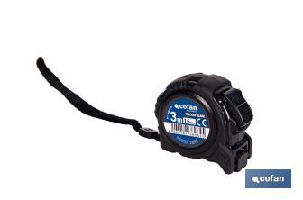 Flexómetro de hoja negra con impresión a doble cara | Carcasa de ABS | Funda antichoque | Botón de bloqueo automático | Disponible con cinta de 3, 5 y 8 metros de longitud - Cofan